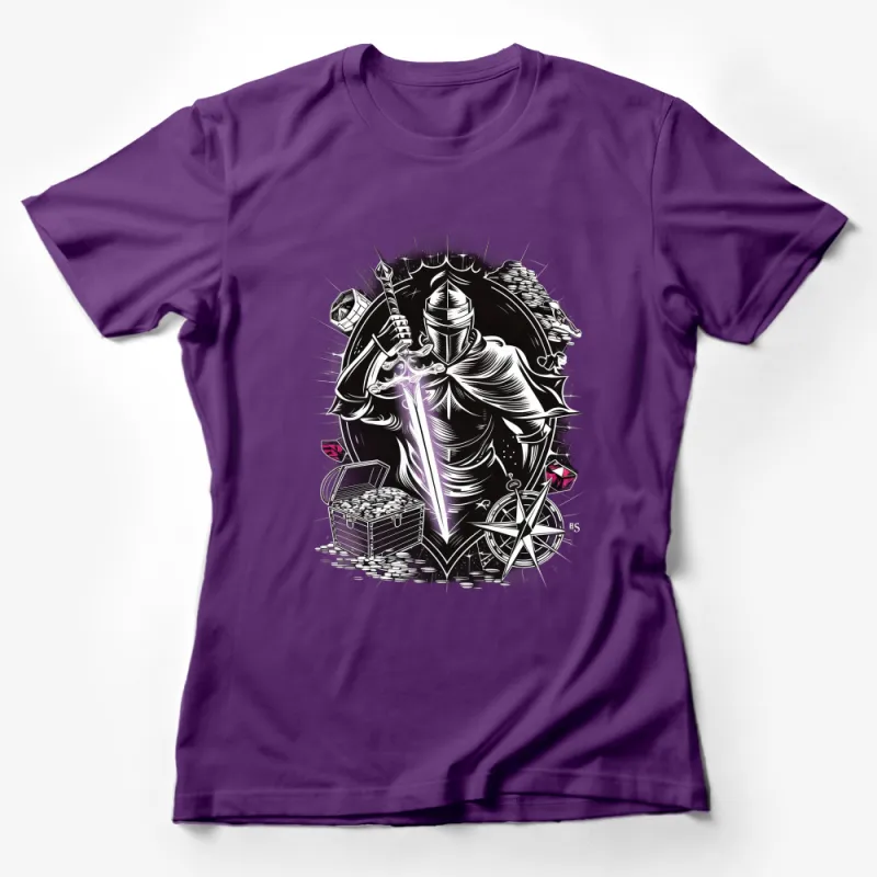 Fantasy Knight T-Shirt, Epic Warrior with Sword Graphic Tee, Medieval Armor, Dungeon Explorer Shirt, Role-Play Fans Apparel Female T-Shirt