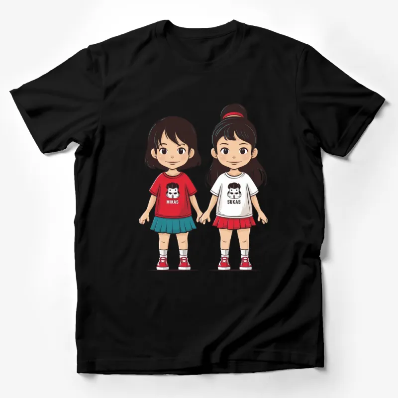 Cute Cartoon Girls T-Shirt, Twin Sisters Anime Graphic Tee, Kids Casual Red and White Tops, Unique Best Friends Outfit Male T-Shirt