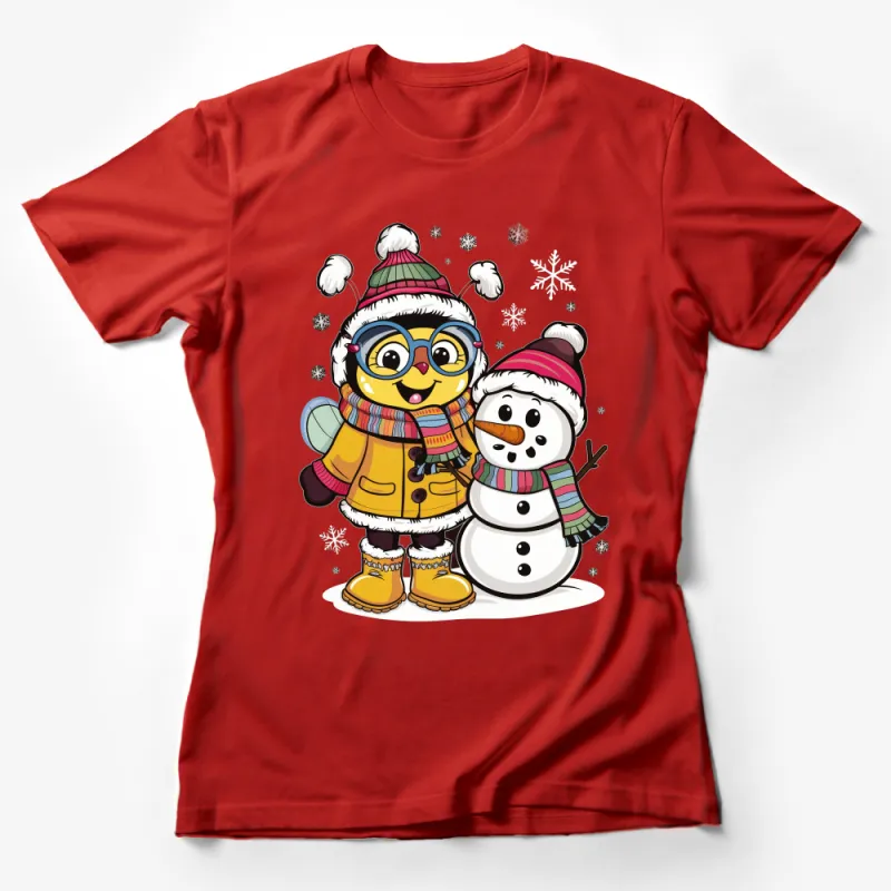 Cartoon Penguin Snowman T-Shirt, Cute Winter Animal Graphic Tee, Unisex Kids and Adults Fun Shirt for Cold Weather Female T-Shirt