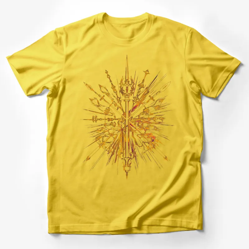 Gold Weapon Montage Graphic T-Shirt, Unisex Adult Clothing, Fantasy Weaponry Design Tee, Unique Artwork Shirt, Gift for Gamers Male T-Shirt