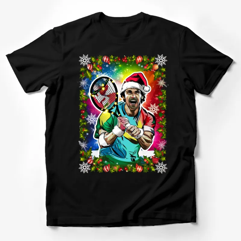 Funky Christmas Tennis Player Graphic Tee - Unique Holiday Sports T-Shirt Design with Vibrant Colors Male T-Shirt