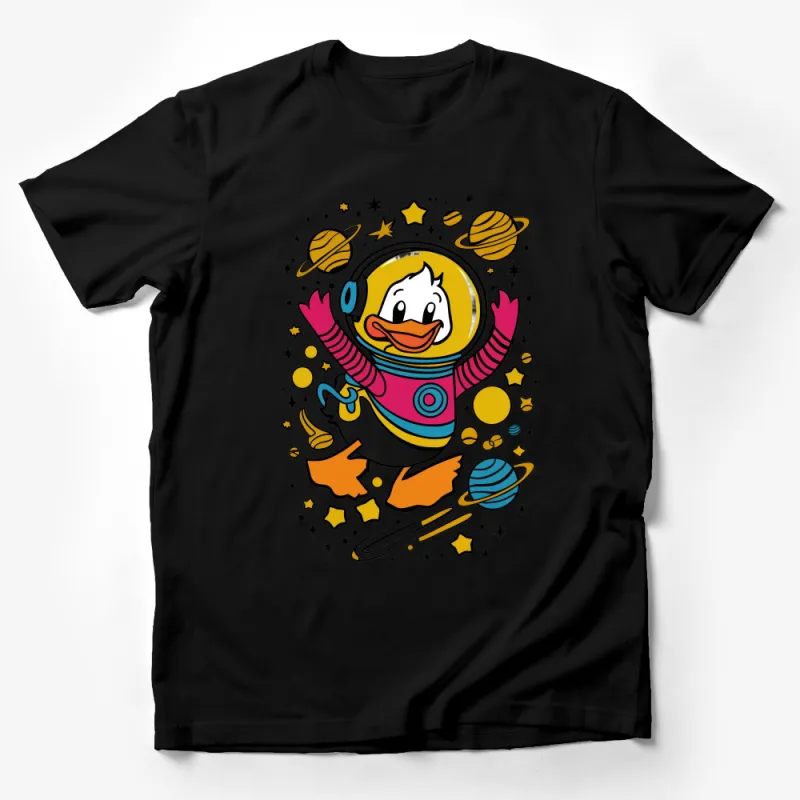 Cartoon Duck Astronaut T-Shirt, Kids Space Adventure Graphic Tee, Colorful Unisex Clothing, Fun Outer Space Themed T-Shirt Male T-Shirt