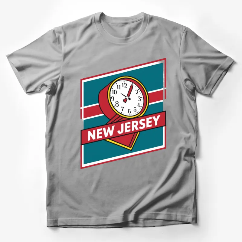 New Jersey Themed Clock Design T-Shirt, Vintage Style Graphic Tee, Unisex Casual Streetwear, Retro Travel Souvenir Shirt Male T-Shirt