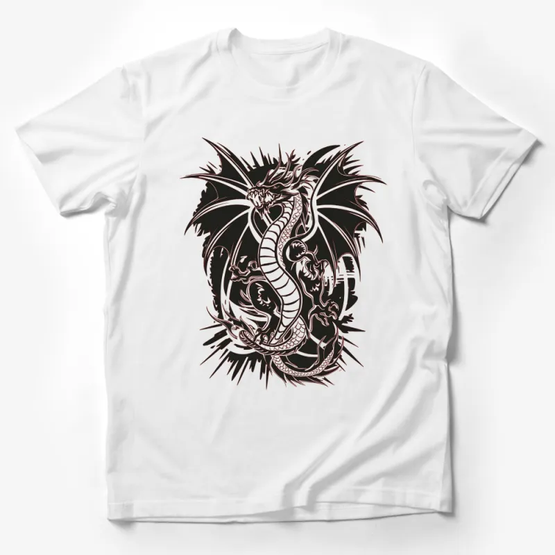 Dragon Graphic Tee, Unisex Fantasy Creature Shirt, Black and White Dragon Design, Artistic T-Shirt, Mythical Beast Apparel for All Ages Male T-Shirt