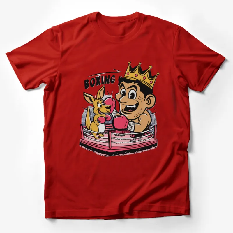 Whimsical Cartoon Boxing Kangaroo and King T-Shirt, Fun Animal Sports Graphic Tee for All Ages Male T-Shirt