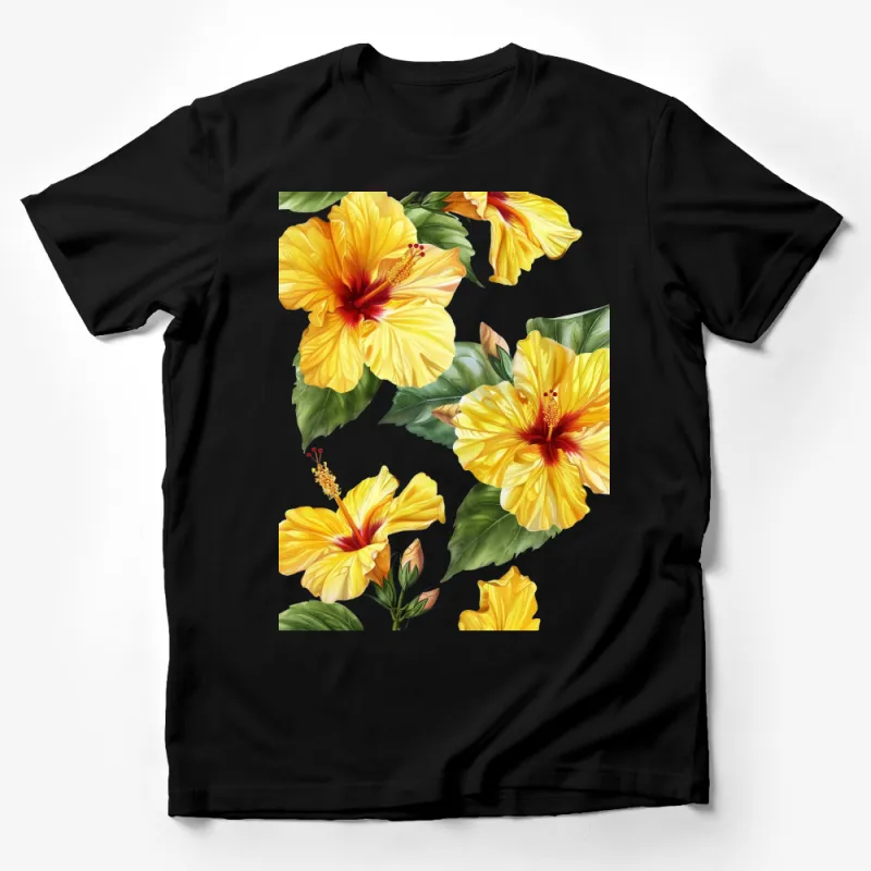 Tropical Hibiscus Flower T-Shirt, Yellow Floral Print Tee, Summer Botanical Casual Shirt, Nature Inspired Fashion, Unisex Top Gift Male T-Shirt