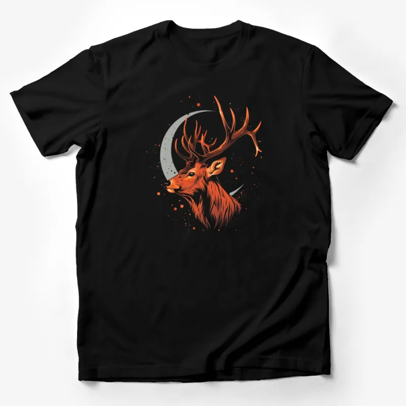 Abstract Stag Art T-Shirt, Colorful Deer Graphic Tee, Crescent Moon Nature Inspired Shirt, Unisex Artistic Apparel Male T-Shirt