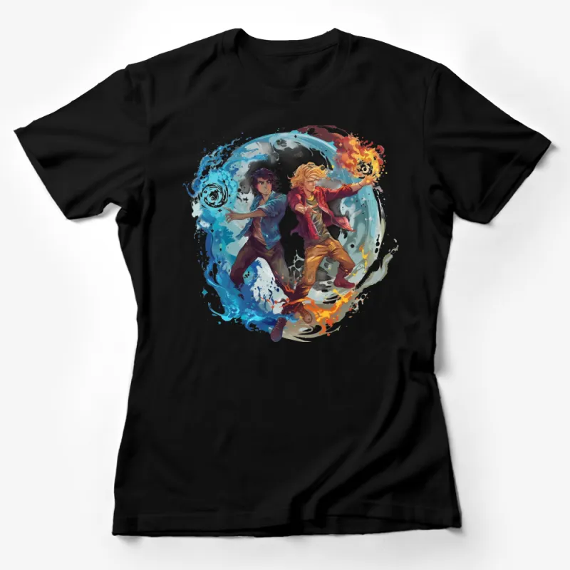 Fantasy Art Elemental Magic Duel T-Shirt, Vibrant Water and Fire Battle Graphic Tee, Unique Gift for Gamers and Geeks Female T-Shirt