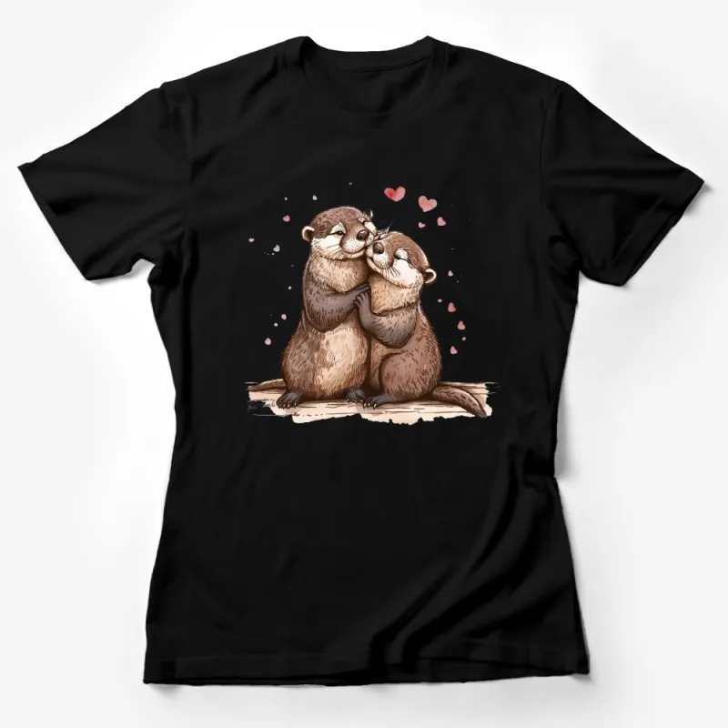 Adorable Otter Couple Embrace Illustration T-Shirt, Love and Hugs, Cute Animal Graphic Tee Female T-Shirt