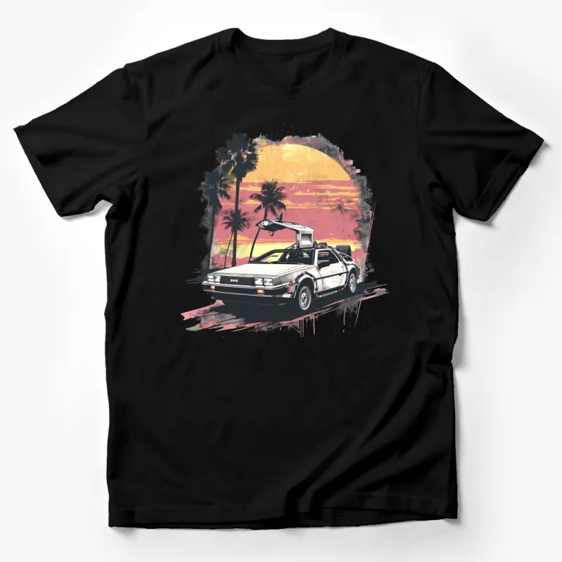 Vintage Retro Sunset Palm Trees and Classic Car Graphic T-Shirt Design Male T-Shirt