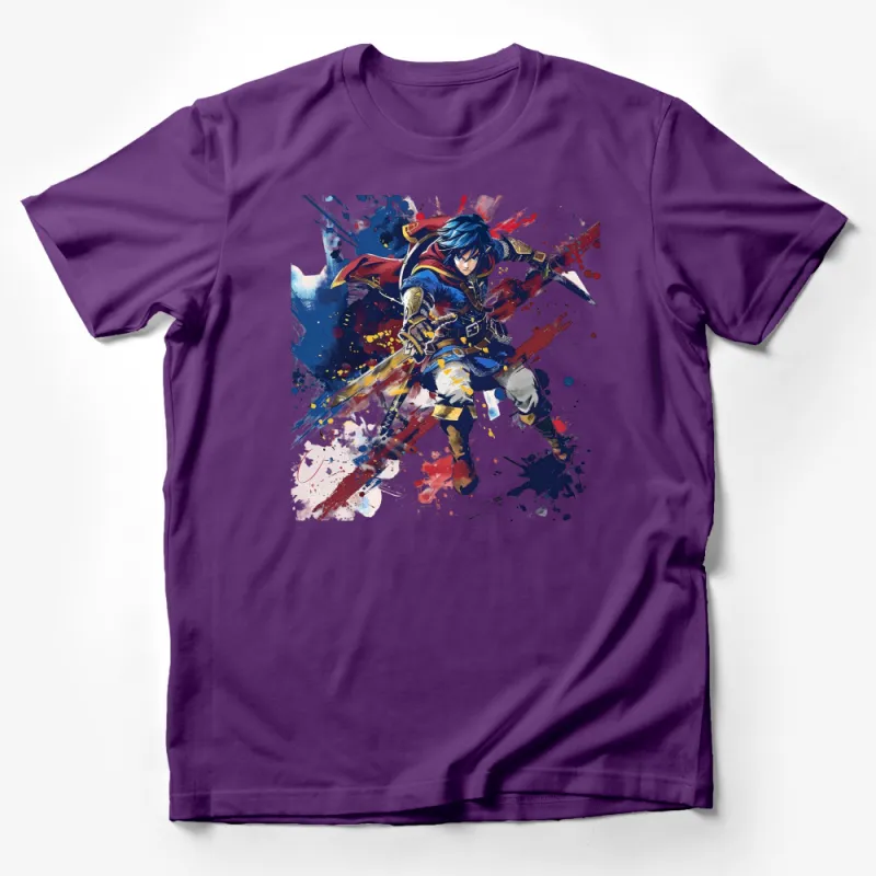 Vibrant Warrior Art T-Shirt, Abstract Splash Design with a Sword Fighter Male T-Shirt