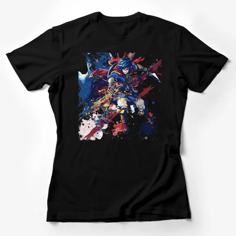 Vibrant Warrior Art T-Shirt, Abstract Splash Design with a Sword Fighter Female T-Shirt