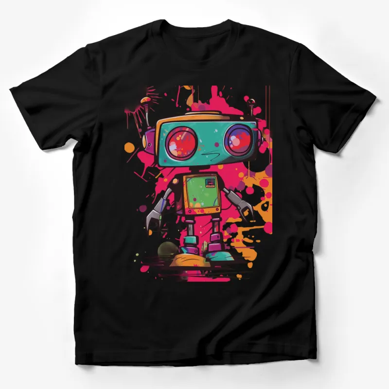 Colorful Retro Robot Design with Paint Splatter for Trendy T-Shirt Male T-Shirt