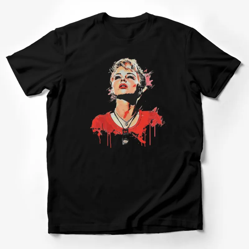 Graphic Tee, Edgy Female Portrait, Urban Street Style, Artistic T-Shirt, Fashion Statement, Bold Red and White Colors Male T-Shirt