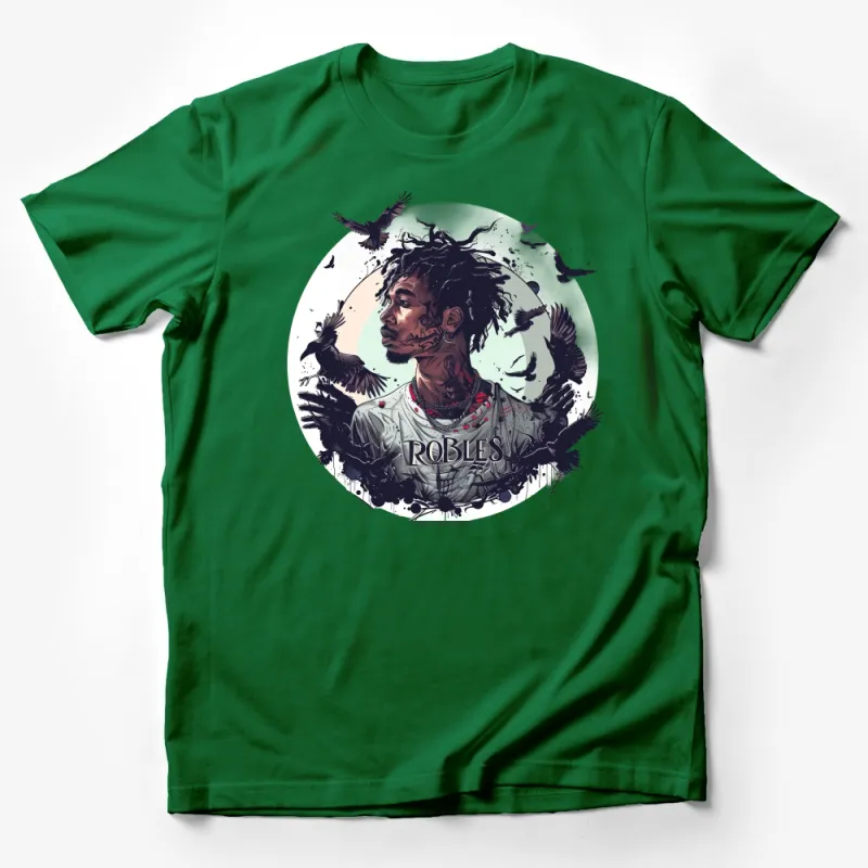 Unisex Artistic T-Shirt Featuring a Stylized Portrait with Birds and Ink Splatter Male T-Shirt