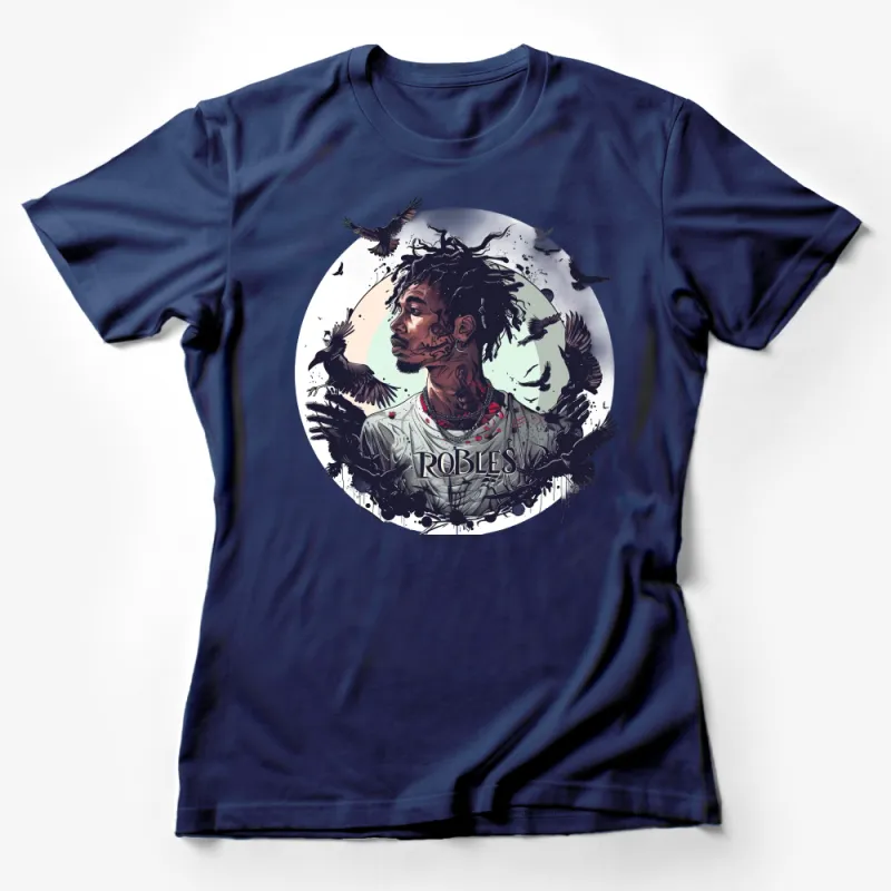 Unisex Artistic T-Shirt Featuring a Stylized Portrait with Birds and Ink Splatter Female T-Shirt