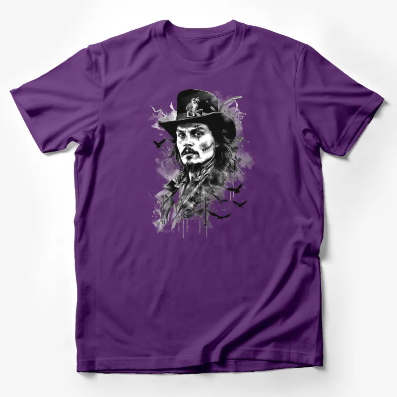 Artistic Monochrome Cowboy Portrait T-Shirt, Unique Graphic Western Style Tee Male T-Shirt