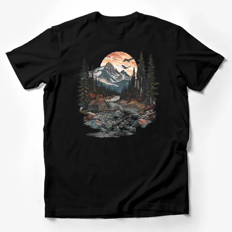 Wilderness Cabin T-Shirt, Nature Landscape Graphic Tee, Mountain Scenery Unisex Shirt, Outdoor Adventure Apparel, Rustic Cabin Art Top Male T-Shirt