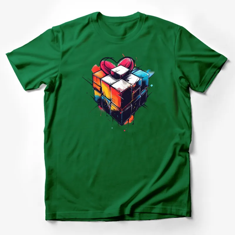 Colorful Retro Rubik's Cube Love Heart Graphic T-Shirt, Unisex Casual Wear Male T-Shirt