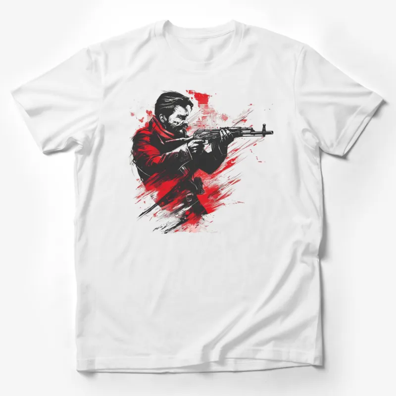 Striking Red and Black Soldier Artwork T-Shirt, Unique Military Style Graphic Tee, Bold Fashion Statement Male T-Shirt