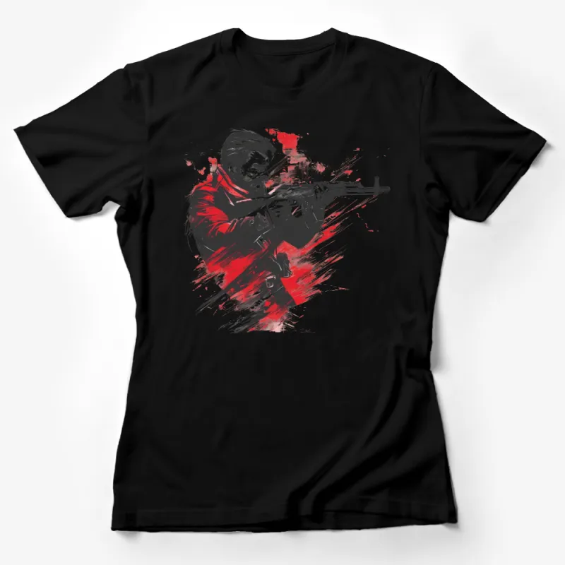 Striking Red and Black Soldier Artwork T-Shirt, Unique Military Style Graphic Tee, Bold Fashion Statement Female T-Shirt