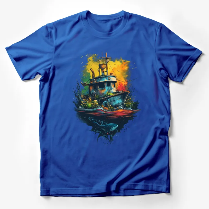 Ocean Sunset T-Shirt, Colorful Boat and Whale Graphic Tee, Artistic Marine Life Unisex Shirt Male T-Shirt