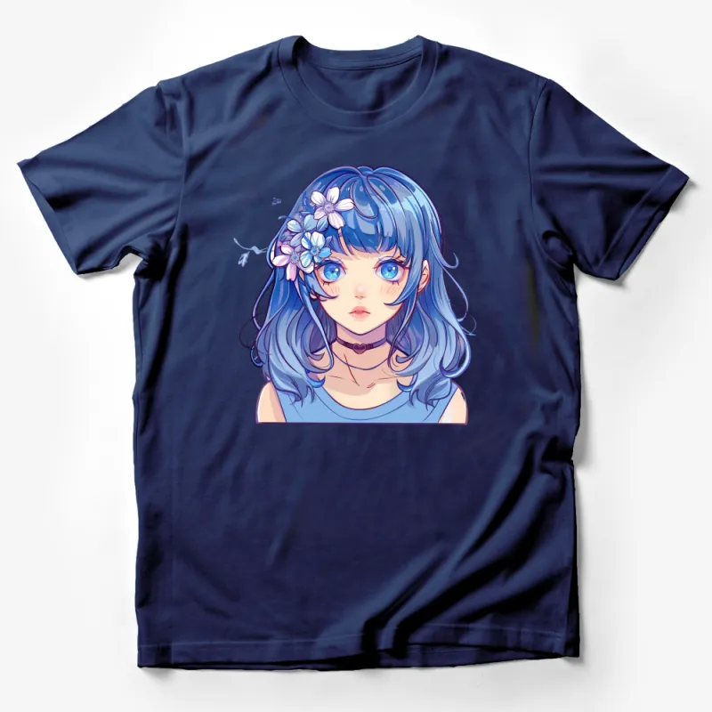 Anime Girl T-Shirt, Blue Hair Floral Design, Cute Manga Character Top, Casual Otaku Wear, Gift for Anime Fans, Trendy Aesthetic Tee Male T-Shirt