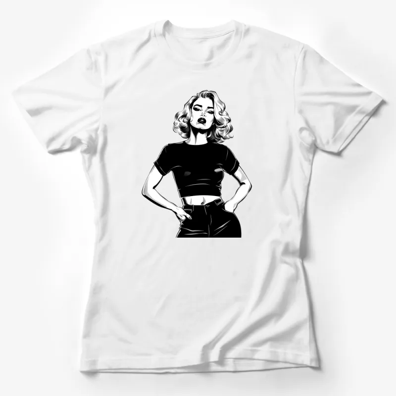 Vintage Pin-Up Girl T-Shirt, Classic Retro Fashion Tee, Monochrome Graphic Top, Casual Streetwear Female T-Shirt