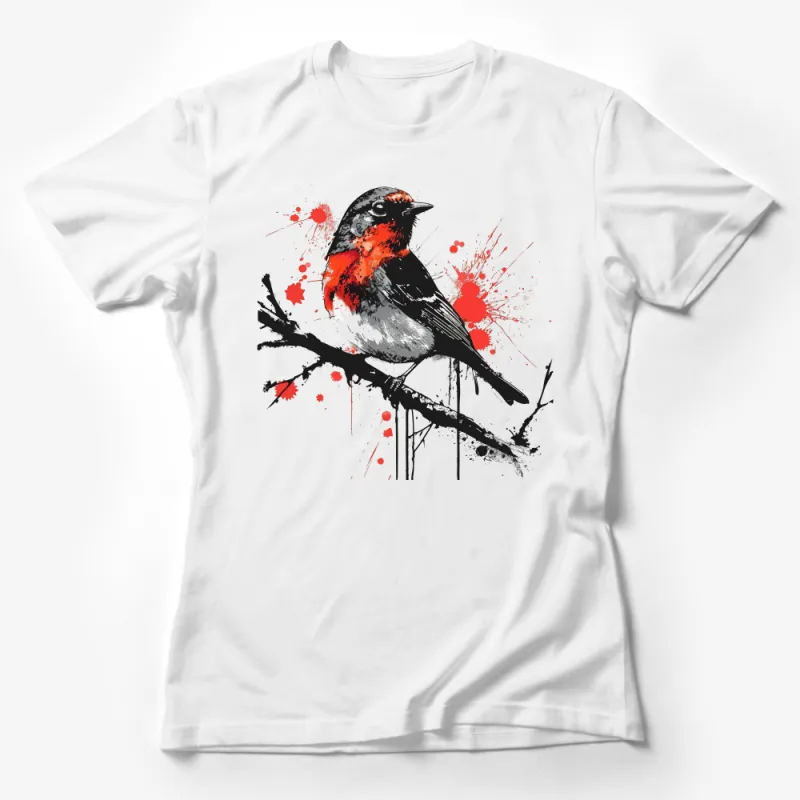 Abstract Red Robin Bird Art T-Shirt, Splatter Paint Nature Tee, Unisex Birdwatcher Gift Shirt, Casual Wildlife Lover Apparel Female T-Shirt