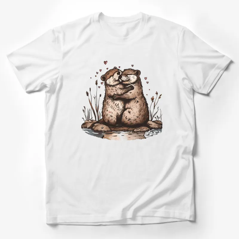 Cute Otter Couple T-Shirt, Unisex Otter Hug Graphic Tee, Love Otters Cotton Shirt, Animal Lovers Gift, Casual Wildlife Apparel Male T-Shirt