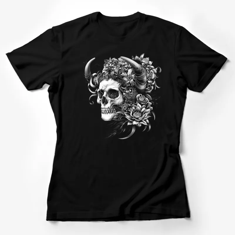 Gothic Skull T-Shirt, Floral Horned Skull, Black and White Graphic Tee, Unisex Tattoo Style Top, Artistic Skull Shirt, Unique Design Tee Female T-Shirt