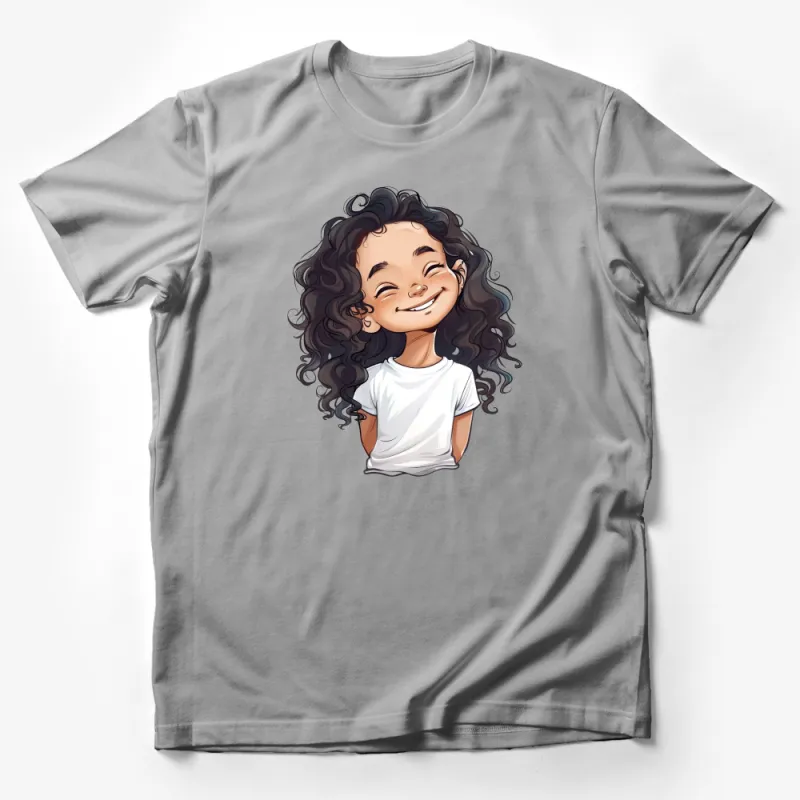 Cute Curly-Haired Girl Cartoon Graphic Tee, Smiling Character Illustration, Casual Kids White T-Shirt, Fun Design Apparel Male T-Shirt