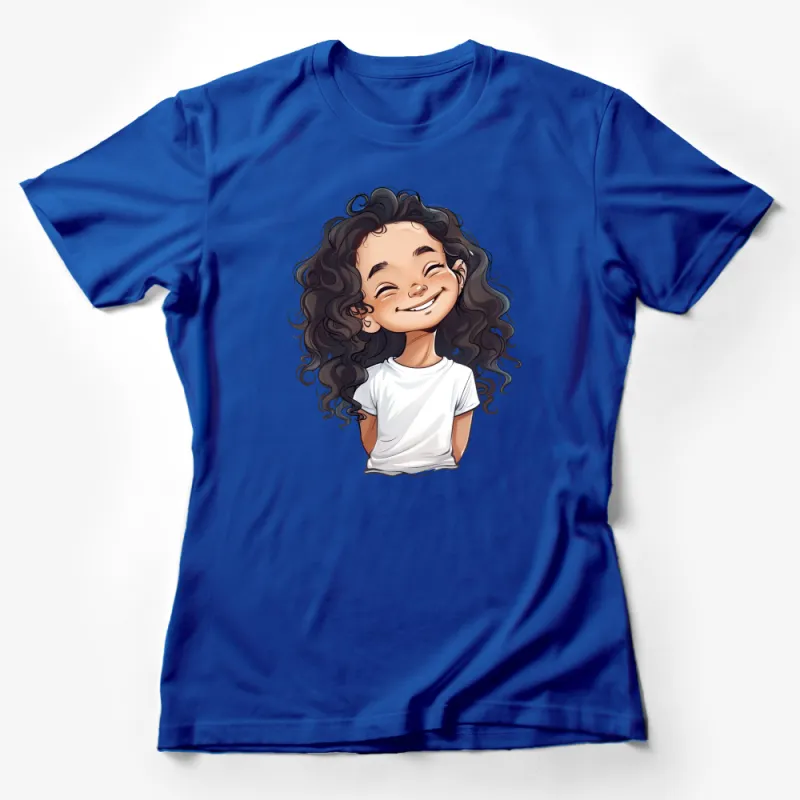 Cute Curly-Haired Girl Cartoon Graphic Tee, Smiling Character Illustration, Casual Kids White T-Shirt, Fun Design Apparel Female T-Shirt