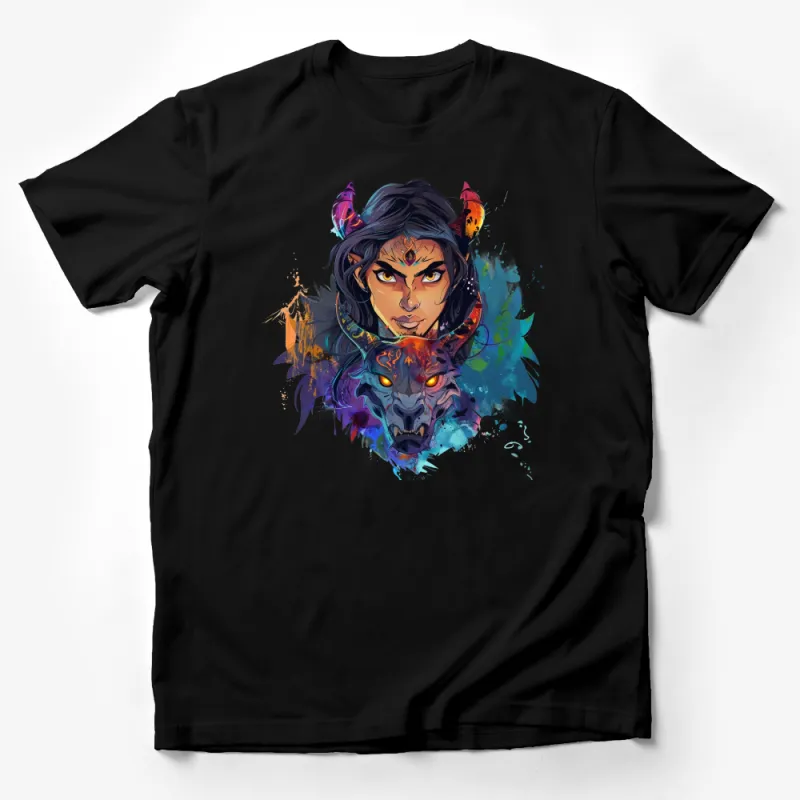 Fantasy Dragon and Warrior Woman T-Shirt, Colorful Artistic Tee, Unique Graphic Design Shirt, Gift for Gamers Male T-Shirt