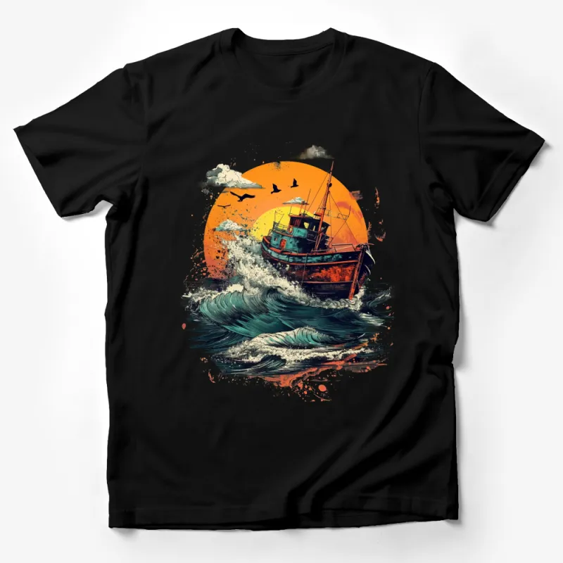 Nautical Boat Graphic T-Shirt, Ocean Wave Sunset Tee, Vintage Fishing Boat Shirt, Sea Lover Gift, Unisex Cotton Tee Male T-Shirt