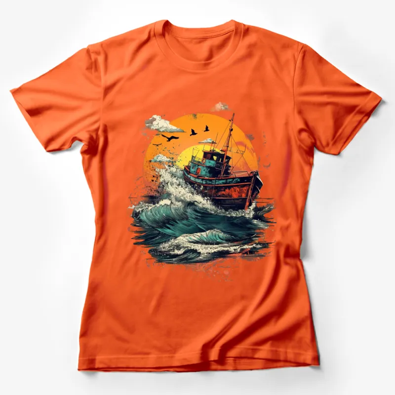 Nautical Boat Graphic T-Shirt, Ocean Wave Sunset Tee, Vintage Fishing Boat Shirt, Sea Lover Gift, Unisex Cotton Tee Female T-Shirt