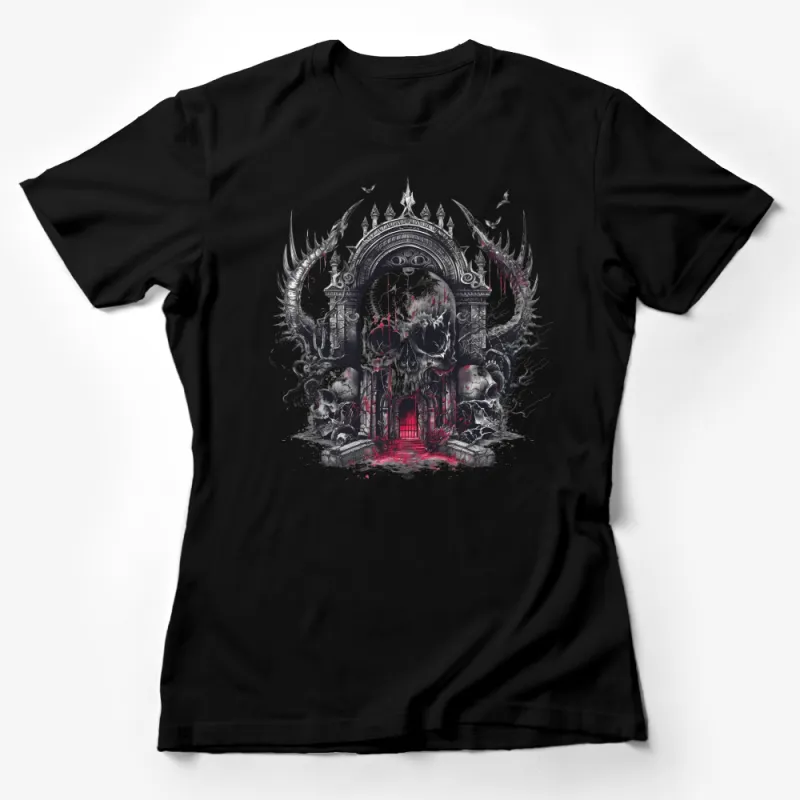 Gothic Skull and Archway T-Shirt Design with Dark Fantasy Aesthetic and Red Accents Female T-Shirt