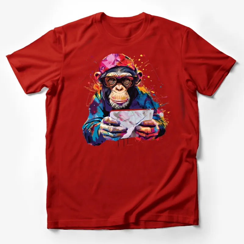 Colorful Chimpanzee with Glasses and Smartphone T-Shirt, Artistic Animal Graphic Tee, Unique Design Male T-Shirt