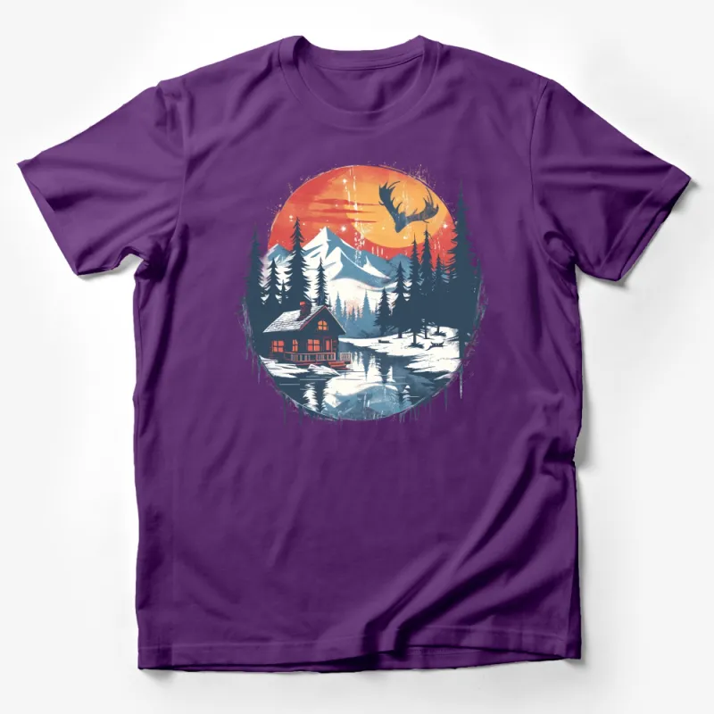 Rustic Cabin in the Woods T-Shirt, Tranquil Nature Sunset with Deer Graphic Male T-Shirt