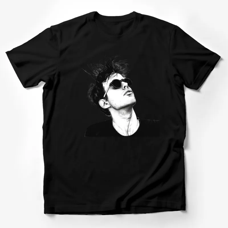 Stylish Monochrome Portrait T-Shirt with Sunglasses and Windblown Hair Male T-Shirt