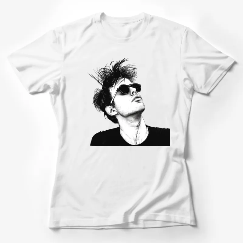 Stylish Monochrome Portrait T-Shirt with Sunglasses and Windblown Hair Female T-Shirt