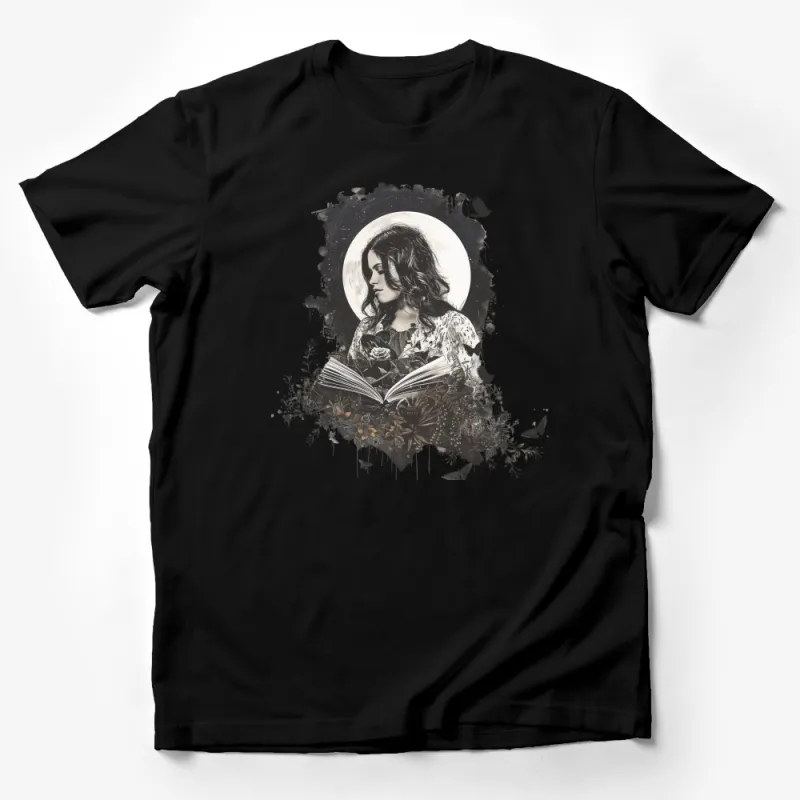 Vintage-Inspired Moonlit Maiden with Book Graphic Tee, Artistic Floral Design Women's T-Shirt Male T-Shirt