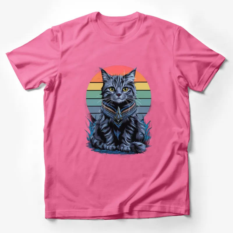 Majestic Cat T-Shirt, Retro Style Sunset, Vintage Inspired Feline Graphic Tee, Unisex Cat Lover Gift, Casual Wear Male T-Shirt