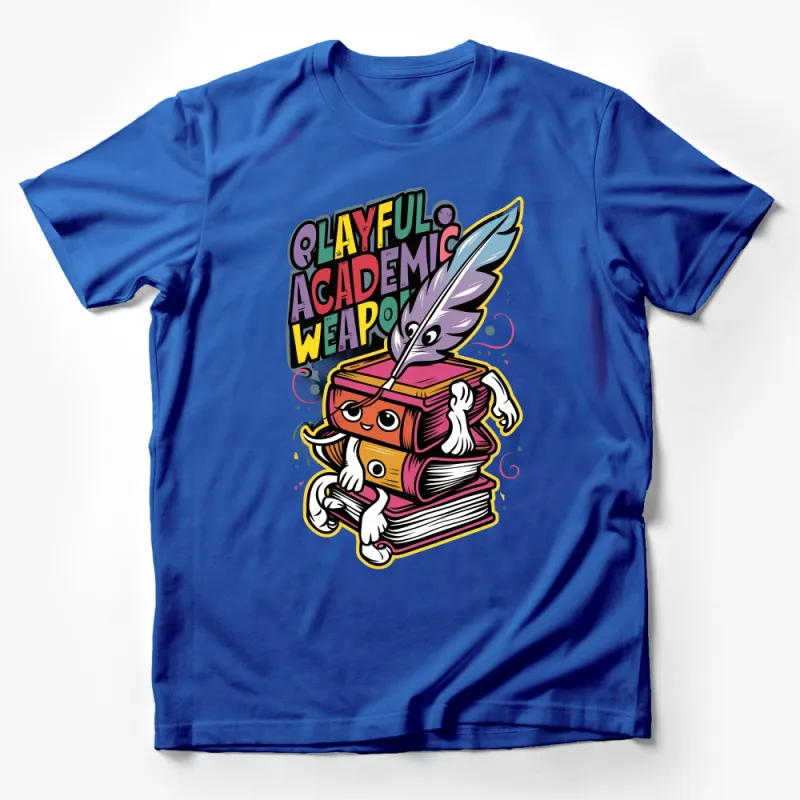 Playful Academic Weapon T-Shirt, Cute Monster Book Stack Tee, Quirky Ink Feather Graphic Top, Unisex Fun Apparel Male T-Shirt