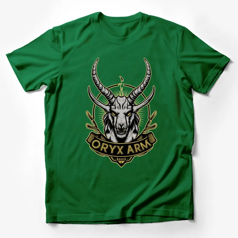 Majestic Oryx Graphic T-Shirt with Golden Emblem and Horns Design Male T-Shirt