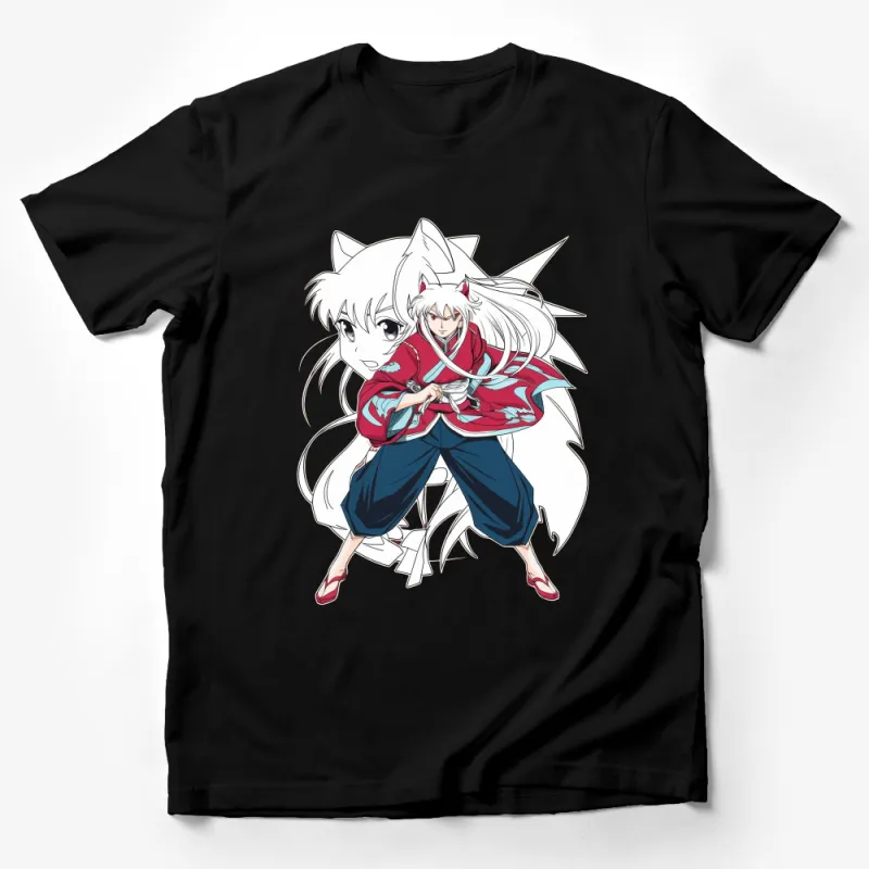 Anime Inspired Graphic Tee, White Kitsune Character in Red Robe Male T-Shirt