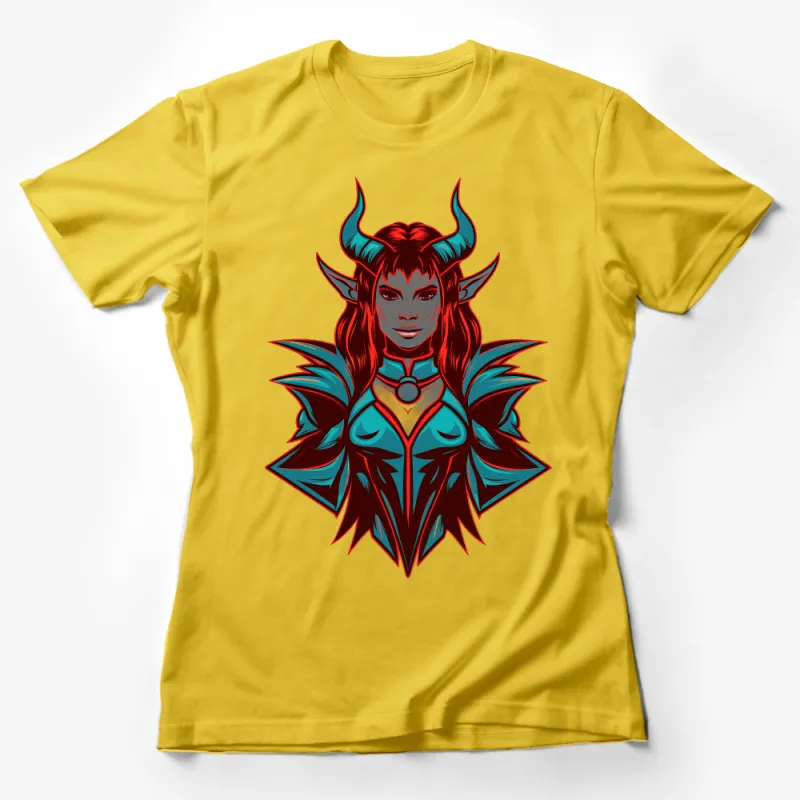 Fantasy Demoness Graphic Tee, Red and Blue Fiery Design, Unique Artistic T-Shirt Female T-Shirt