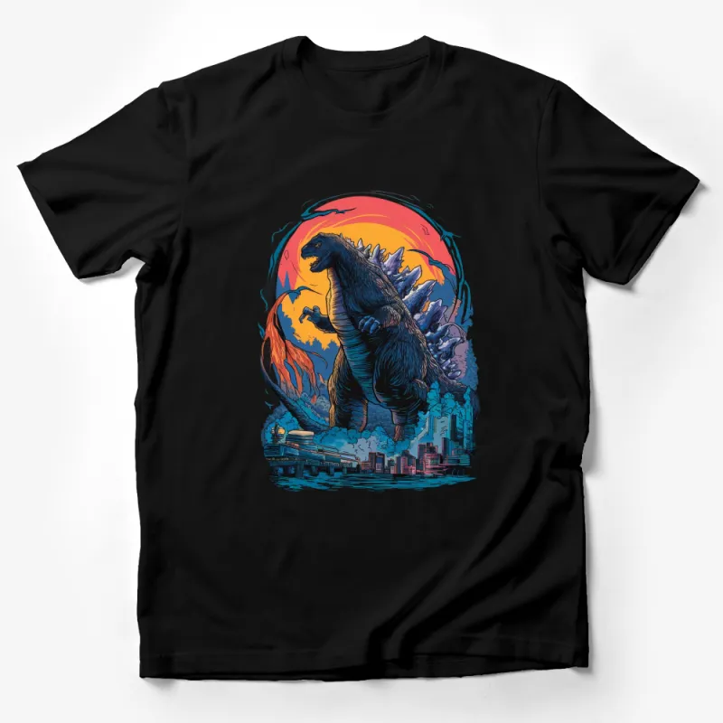 Retro Style Godzilla Sunset Graphic T-Shirt, Vintage Monster City Design Tee Male T-Shirt