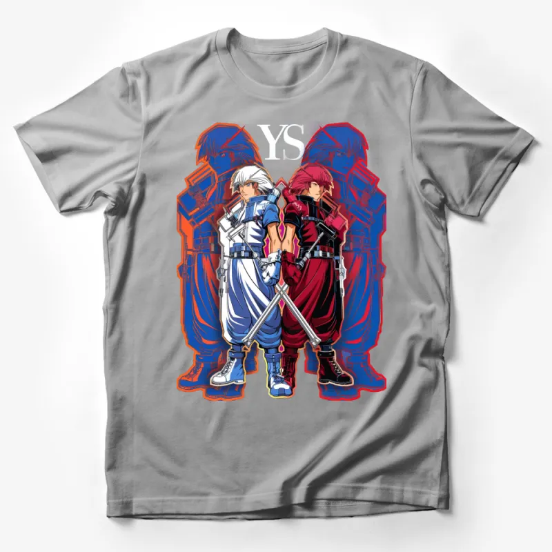 Anime Inspired Cool Duel Characters T-Shirt, Red and Blue Gamers Tee, Unisex Graphic Shirt for Casual Wear, Unique Design Top Male T-Shirt