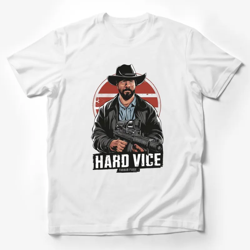 Vintage-Inspired Hard Vice Action Movie Hero Graphic Tee with Hat and Gun Male T-Shirt